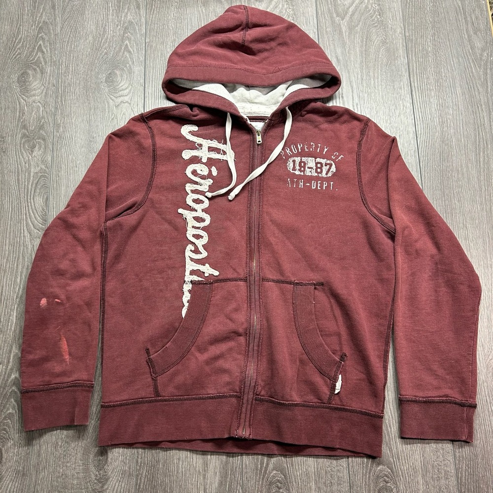 Aeropostale Mens Burgundy Full Zip Large Hoodie Y2K Ath Dept Graphic Maroon